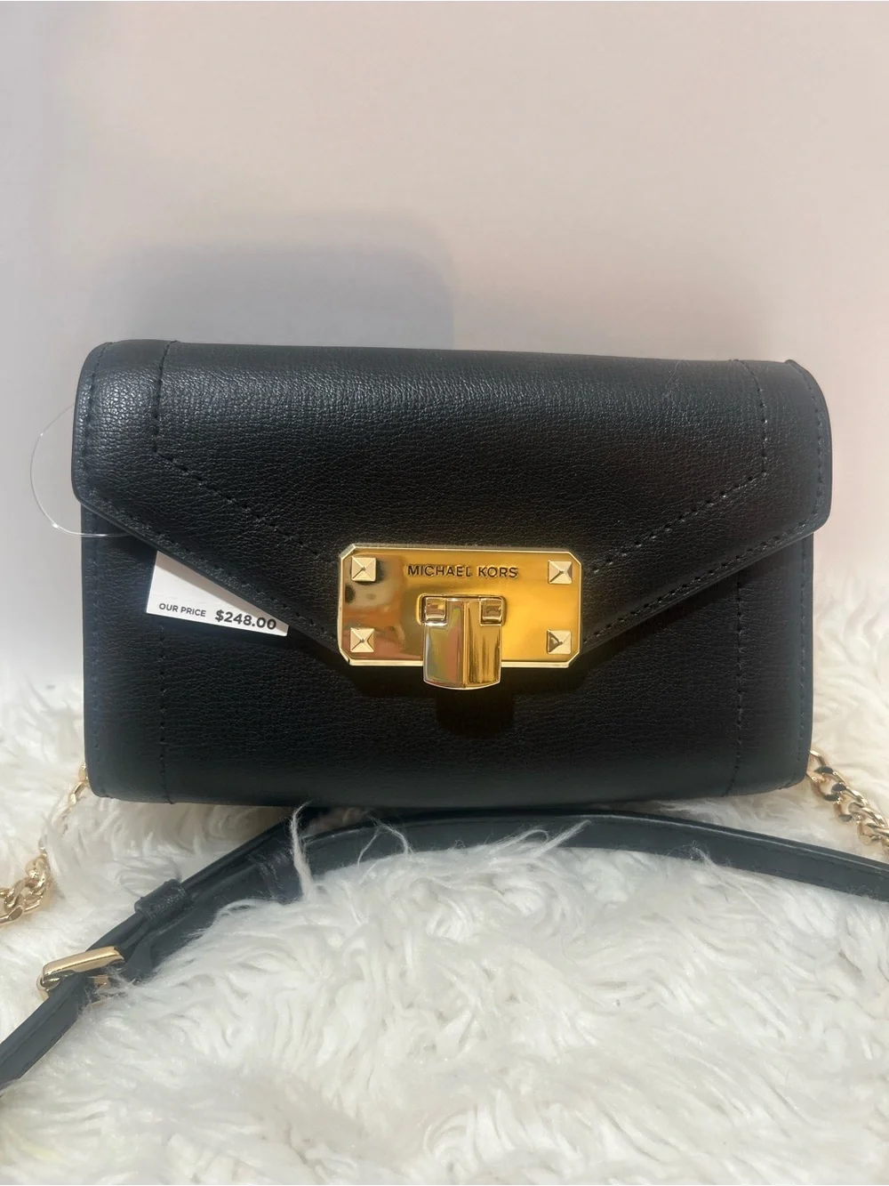 Michael Kors Black Leather Kinsley Crossbody with Gold Plate Lock